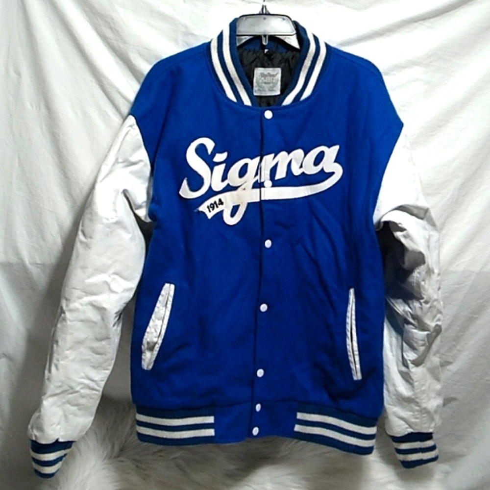 FIRM! RARE! Sigma Refined Greek Blue Wool White Leather Letterman Jacket (BX21)